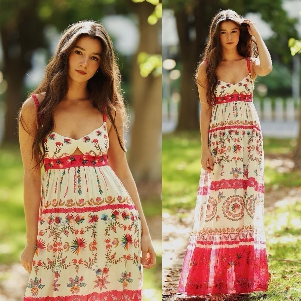 TUCKERNUCK SALONI $795 Naki long dress white pink floral maxi dress size 8